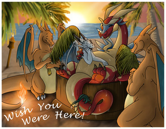 3_toes anthro beach beard belly big_belly border claws detailed_background eyes_closed facial_hair feet fire flaming_tail goatee group happy horn island long_neck male membrane_(anatomy) membranous_wings orange_body orange_skin outside overweight red_body red_skin sea seaside size_difference slightly_chubby smile sunset tail text toes water wet white_body white_border white_skin wings devhalena european_mythology mythology nintendo pokemon the_legend_of_zelda wind_waker syrusdragon valoo charizard dragon generation_1_pokemon mythological_creature mythological_scalie pokemon_(species) scalie western_dragon crossover english_text