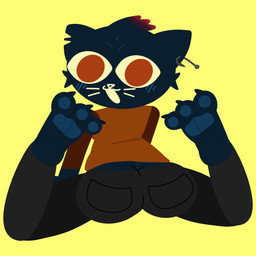 anthro backpack barefoot big_butt blue_body blue_fur blush bottomwear butt clothing ear_piercing feet female fish_hook foot_focus fur grey_bottomwear grey_clothing grey_pants hook legs_behind_back looking_back orange_clothing orange_eyes orange_shirt orange_topwear owo pants pawpads paws piercing shirt simple_background smile solo topwear whiskers y_shaped_butt_crack yellow_background nairda_figgy night_in_the_woods mae_borowski felid feline mammal 1:1 hi_res