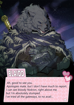 anthro armor cape clothing crossed_arms dating_sim gameplay_mechanics heart_symbol male melee_weapon solo sword talking_to_viewer text weapon baronboar elden_ring fromsoftware blaidd_(elden_ring) canid canine canis mammal wolf absurd_res distracting_watermark english_text hi_res watermark