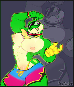 anthro bottomwear clothing eyewear glistening glistening_body gloves handwear male medal muscular muscular_male nipples shorts solo sunglasses thick_thighs thong tongue tongue_out underwear visible_underwear wristband ratwork just_dance just_dance_2026_edition ubisoft chuck_ribbit_(just_dance) amphibian frog chromatic_aberration hi_res