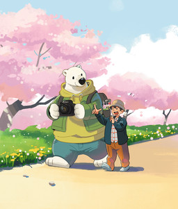 anthro biped black_nose bottomwear camera clothing detailed_background dot_eyes duo hat headgear headwear hoodie humanoid_hands male outside overweight pants plant shirt simple_eyes topwear tree walking white_body fuji25_2501 fujiwarayoshito bear human mammal polar_bear ursine 2024 absurd_res hi_res