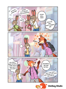 anthro black_ears black_nose brown_ears clothed clothing countershading dialogue dipstick_ears ear_markings eyelashes female female_anthro fur green_eyes grey_body grey_ears grey_fur male male_anthro multicolored_body multicolored_ears multicolored_fur orange_body orange_ears orange_fur pink_inner_ear pink_nose pupils purple_eyes tan_body tan_countershading tan_fur tan_inner_ear text two_tone_ears white_body white_countershading white_fur unoday_studio disney zootopia judy_hopps nick_wilde canid canine european_rabbit fox lagomorph leporid mammal oryctolagus rabbit red_fox true_fox comic english_text hi_res