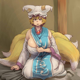 big_breasts blonde_hair bodily_fluids breasts clothed clothing dress female hair hat headgear headwear holding_breast huge_breasts inside kneeling multi_tail open_mouth side_boob solo sweat tail yellow_eyes chanta touhou ran_yakumo animal_humanoid canid canid_humanoid canine canine_humanoid fox_humanoid humanoid mammal mammal_humanoid 1:1 2015