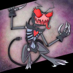 4_fingers abstract_background ambiguous_gender antennae_(anatomy) blade_fingers cable cable_tail claws cord digitigrade electrical_plug_tail electronics fangs finger_claws fingers for_a_head heart_symbol leaning leaning_forward long_tail machine metallic_body not_furry open_mouth plug red_eyes red_sclera ribs screen screen_face sharp_fingers sharp_teeth skinny smile smirk solo standing tail teeth television threatening tongue tongue_out weapon lachendesreh humanoid object_head screen_head tv_head 1:1 2025 digital_drawing_(artwork) digital_media_(artwork) full-length_portrait hi_res portrait signature