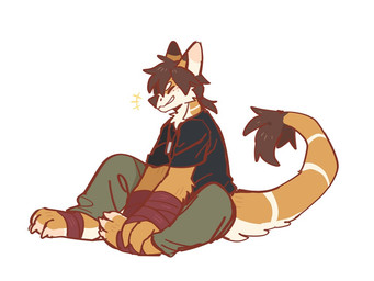 anthro bandage bandaged_arm bandaged_leg black_clothing black_shirt black_t-shirt black_topwear bottomwear brown_hair brown_nose cheek_tuft clothed clothing dipstick_ears ear_markings eyes_closed facial_tuft fur green_bottomwear green_clothing green_pants hair happy male multicolored_body multicolored_ears multicolored_fur neck_tuft orange_body orange_fur orange_tail pants shirt simple_background sitting smile solo t-shirt tail tail_tuft three-quarter_view topwear tuft two_tone_body two_tone_fur unsigned white_background white_body white_fur white_tail asnnonaka 4:3 full-length_portrait portrait