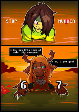 2_panel_comic annoyed anthro antlers biped blonde_hair bloodshot_eyes blush blush_lines brown_body brown_fur brown_hair buckteeth clothed clothing detailed_background duo female fur hair hair_over_eye horn humor lake laugh narrowed_eyes partially_submerged red_eyes short_hair snowgrave speech_bubble sun sunset teeth text yellow_body yellow_skin rem_phase 67_(meme) deltarune undertale_(series) kris_dreemurr noelle_holiday deer human mammal new_world_deer soul_(undertale) 2026 absurd_res artist_name comic digital_drawing_(artwork) digital_media_(artwork) english_description english_text hi_res meme