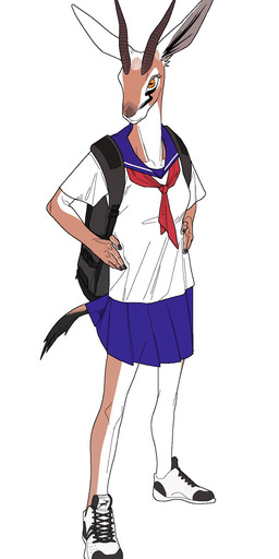 anthro asian_clothing backpack bottomwear clothing east_asian_clothing female footwear horizontal_pupils horn japanese_clothing japanese_school_uniform kemono pupils school_uniform serafuku shoes simple_background skirt sneakers solo uniform white_background quququl antelope bovid gazelle mammal 2021 hi_res