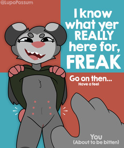 ambiguous_gender andromorph andromorph_focus anthro anthro_focus belly_nipples clothed clothing clothing_lift dialogue disembodied_hand duo front_view fur genitals grey_body grey_fur intersex intersex_focus multi_nipple nipples open_mouth shirt shirt_lift smile solo_focus text topwear vulva lupopossum lupo_(lupopossum) american_opossum mammal marsupial absurd_res english_text hi_res