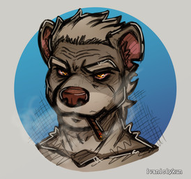anthro cigarette male mature_male smoke smoke_from_nose smoking smoking_cigarette solo torn_ear ivnislykun echo_(game) echo_(series) echo_project duke_(echo) mammal mustelid musteline stoat true_musteline weasel absurd_res bust_portrait hi_res portrait