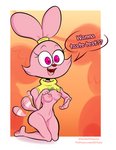 aged_up anthro bottomless breasts clothed clothing dialogue erect_nipples exposed_breasts female front_view kneeling nipples open_mouth pink_body pink_eyes raised_clothing raised_shirt raised_topwear shirt solo tail tail_motion tailwag text topwear gametimeasia cartoon_network chowder_(series) panini_(chowder) lagomorph leporid mammal rabbit 2020 english_text full-length_portrait portrait