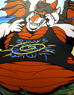 anthro clothed clothing eyewear hair horn looking_at_viewer male obese obese_anthro obese_male overweight overweight_anthro overweight_male shirt smile solo sun sunglasses tank_top topwear wings eda mythology dragon mammal mythological_creature mythological_scalie scalie hi_res