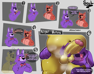 accessory anthro ball_sniffing ball_suck balls belly blush bodily_fluids dialogue duo erection food genital_fluids genitals leg_grab male male/male muscular musk necktie onomatopoeia oral overweight pizza precum pubes purple_body red_body red_eyes saliva saliva_on_balls sex simple_background smile smirk sniffing sound_effects sucking text yellow_body yellow_eyes soulcanela five_nights_at_freddy's scottgames bonnie_(fnaf) foxy_(fnaf) golden_freddy_(fnaf) bear canid canine fox lagomorph leporid mammal rabbit comic english_text hi_res