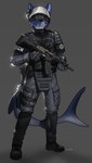 anthro armor assault_rifle blue_body blue_eyes blue_fur blue_hair bulletproof_vest clothing cz_bren_2 fangs fingerless_gloves fur gloves gun hair hair_over_eye handwear headgear helmet holster inner_ear_fluff looking_at_viewer male one_eye_obstructed ranged_weapon rifle scope shark_tail short_hair solo standing teeth tuft weapon pgm300 gign canid canine fish hybrid mammal marine shark 2021 absurd_res digital_media_(artwork) hi_res shaded