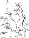 4_fingers aiming anthro arrow_(weapon) bow_(weapon) container cup cutlery fin fingers fork furniture holding_object holding_weapon kitchen_utensils male micro nude ranged_weapon smile solo standing table tail tools weapon chris_sawyer mythology altair arthropod dragon insect mythological_creature mythological_scalie scalie 2007 monochrome