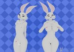 anthro balls blue_background breasts cheek_tuft curvy_figure duo facial_tuft female femboy fur fur_collar genitals green_eyes humanoid_genitalia humanoid_penis looking_at_viewer male nipples penis pussy red_eyes simple_background smile tuft voluptuous_female white_body white_fur lagomorph_dude blender_cycles warfare_machine gin_(lagomorph_dude) rabbit_(lagomorph_dude) roseline_(lagomorph_dude) lagomorph leporid mammal rabbit 3d_(artwork) blender_(artwork) digital_media_(artwork) hi_res watermark