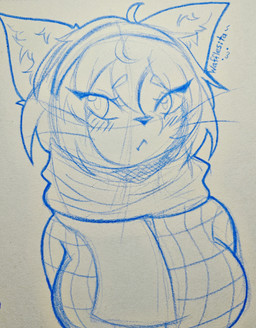 anthro big_breasts blush blush_lines breasts cheek_tuft clothed clothed_anthro clothed_female clothing facial_tuft female fluffy fluffy_ears fluffy_hair hair scarf short_hair solo sweater topwear tuft whiskers wafflesita_(artist) gameoverse glitch_productions kit_bodega domestic_cat felid feline felis mammal absurd_res bust_portrait hi_res portrait sketch traditional_media_(artwork)