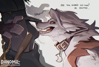 5_fingers anthro anthro_focus balls belt_collar biped black_nose bodily_fluids bulge bulge_lick clothed clothed_human clothed_male clothing collar collar_tag dialogue duo ears_back ellipsis faceless_character faceless_human faceless_male female female_anthro female_focus female_on_human fingers fur genitals growling hair human_on_anthro inner_ear_fluff interspecies leg_grab licking male male/female male_human male_on_anthro moon_collar_tag motion_lines muscular muscular_anthro muscular_female pivoted_ears question_mark red_sclera saliva saliva_string scaroused shaking simple_background slim_human slim_male smile snout solo_focus tag_question tear_trough teasing_partner teeth text tongue torn_clothing trembling tuft white_background white_body white_fur white_hair white_inner_ear_fluff yellow_eyes danomil deadlock_(game) valve lilah_silver venator_(deadlock) canid canine human mammal 2026 dated digital_drawing_(artwork) digital_media_(artwork) english_description english_text signature url