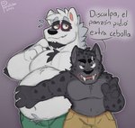 anthro belly blush dialogue duo fangs fur male male/male open_mouth overweight shirtless size_difference talking_to_viewer teeth thepandobo canid canine felid mammal pantherine snow_leopard colored_sketch hi_res mixed_media sketch