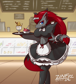 3_fingers alternative_fashion anthro arm_tuft biped black_body black_fur black_hair blue_eyes bow_(feature) bow_tie cheek_tuft claws clothed clothing cutlery dessert elbow_tuft ero_lolita facial_tuft female fingers food fur grey_body grey_fur hair holding_food holding_object ice_cream inside j-fashion kitchen_utensils legwear lolita_(fashion) long_hair looking_at_viewer maid_uniform multicolored_hair navel red_claws red_hair ribbons smile solo spoon standing stockings tools tray tuft two_tone_hair uniform zinfyu nintendo pokemon canid generation_5_pokemon mammal pokemon_(species) zoroark 2015 digital_media_(artwork) hi_res signature