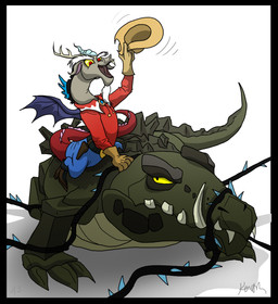 antlers bound clothing cowboy_hat duo feathered_wings feathers feral hat headgear headwear horn male membrane_(anatomy) membranous_wings plant red_eyes riding shirt smile straddling thorns topwear vines wings dawnmistpony friendship_is_magic hasbro my_little_pony discord_(mlp) chimera cragadile_(mlp) crocodile crocodilian draconequus reptile scalie absurd_res hi_res