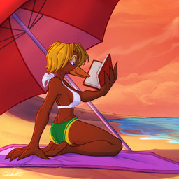 anthro beach beach_towel beak bikini blonde_hair blue_eyes book breasts brown_body brown_fur clothing female fur hair half-closed_eyes medium_breasts midriff narrowed_eyes open_book parasol solo swimwear towel two-piece_swimsuit etheoutsider dreamkeepers mrs._hallwort mammal monotreme platypus 1:1 2025 hi_res