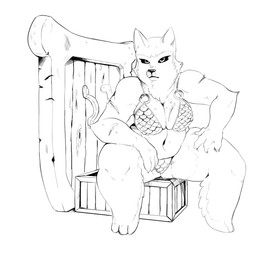anthro big_breasts biped breasts cleavage clothed clothing female fur midriff navel scar shield sitting skimpy solo actionbastardvirginblstr armello league_of_geeks magna_(armello) canid canine canis mammal wolf monochrome