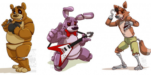 anthro bow_(feature) bow_tie clothing electric_guitar electronics eye_patch eyewear group guitar hat headgear headwear holding_clothing holding_hat holding_headgear holding_headwear holding_musical_instrument holding_object hook machine male microphone musical_instrument open_mouth playing_guitar playing_music plucked_string_instrument smile string_instrument top_hat eclipticafusion five_nights_at_freddy's scottgames bonnie_(fnaf) foxy_(fnaf) freddy_(fnaf) animatronic bear canid canine fox lagomorph leporid mammal rabbit robot 2015