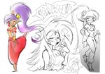 breasts clothing duo female hair humanoid_pointy_ears male one_eye_closed open_mouth open_smile ponytail pose purple_hair simple_background smile text wink yawn mkmaffo shantae_(series) wayforward bolo_(shantae) shantae genie human humanoid mammal 2023 english_text