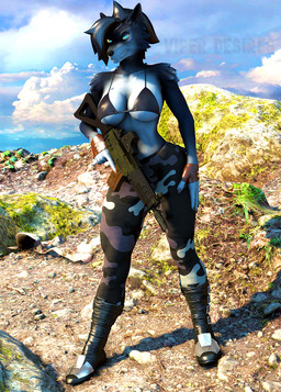 anthro black_body black_bra black_clothing black_fur black_hair black_underwear blue_eyes boots bottomwear bra breasts camo camo_bottomwear camo_clothing camo_pants camo_print claws clothing detailed_background female fingerless_gloves fingers footwear fur gloves gun hair handwear leggings legwear looking_at_viewer mountain multicolored_body multicolored_fur outside pants pattern_bottomwear pattern_clothing pattern_pants ranged_weapon sg_552_commando shoes short_hair solo text two_tone_body two_tone_fur under_boob underwear weapon white_body white_fur wide_hips viper-desires petruz_(modeler) katie_(viper-desires) canid canine canis mammal wolf 2023 3d_(artwork) artist_name digital_media_(artwork) source_filmmaker_(artwork) watermark