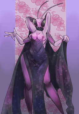 4_arms antennae_(anatomy) anthro breasts compound_eyes female linked_nipples linked_piercing multi_arm multi_limb nipple_piercing nipples piercing solo ssleepyflowers nipple_piercing_dress chappell_roan arthropod insect lepidopteran moth hi_res