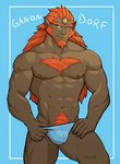 2021 abs barazoku beard biped blue_background body_hair bulge cel_shading character_name chest_hair clothing digital_media_(artwork) facial_hair ganondorf gerudo hair happy_trail hi_res humanoid humanoid_pointy_ears jrjresq long_hair male mammal muscular muscular_humanoid muscular_male navel nintendo nipples not_furry pecs pinup portrait pose pubes shaded simple_background solo standing the_legend_of_zelda thong three-quarter_portrait underwear
