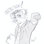 ace_attorney anthro capcom cheek_tuft clothed clothing english_text facial_tuft front_view glistening glistening_eyes half-length_portrait holding_object inner_ear_fluff male mammal monochrome mouth_closed objection! pache_riggs phoenix_wright portrait procyonid raccoon signature simple_background solo standing text topwear tuft whiskers