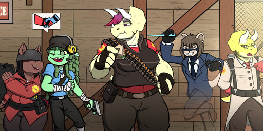 anthro cosplay female group gun male mercenary ranged_weapon sammy_gardiner smile video_game_reference weapon threehorns team_fortress_2 valve archimedes_(team_fortress_2) darla_maguiir heavy_(team_fortress_2) medic_(team_fortress_2) scout_(team_fortress_2) soldier_(team_fortress_2) spy_(team_fortress_2) tricero_spikes vixie_vyper zephery_fleury aquatic avian bird ceratopsian ceratopsid characiform chasmosaurine columbid dinosaur domestic_ferret dove equid equine fish horse mammal marginocephalian mustelid musteline ornithischian piranha_(fish) pony prehistoric_species reptile scalie serrasalmid triceratops true_musteline weasel absurd_res hi_res