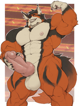 5_fingers abs anthro areola armbands_(marking) balls biceps big_balls big_muscles big_pecs big_penis biped black_body black_claws black_eyebrows black_finger_claws black_fur black_hair black_nose border claws countershade_face countershade_fur countershade_torso countershading deltoids ear_tuft erection eyebrows fangs finger_claws fingers fist flexing flexing_bicep fur genitals glans gloves_(marking) grin grinning_at_viewer hair hand_on_own_penis hand_on_penis huge_muscles huge_penis humanoid_genitalia humanoid_hands humanoid_penis hybrid_genitalia hybrid_penis inner_ear_fluff knot knotted_humanoid_penis knotted_penis latissimus_dorsi looking_at_viewer male male_anthro markings multicolored_body multicolored_fur muscular muscular_anthro muscular_arms muscular_male muscular_thighs navel nipples nude nude_anthro nude_male orange_body orange_fur outline pecs penis pink_areola pink_glans pink_nipples pink_penis quads red_eyes serratus shaft_divide sharp_teeth smile smiling_at_viewer solo standing tail teeth text text_background three-quarter_view triceps tuft warning white_body white_border white_countershading white_fur white_hands white_inner_ear white_inner_ear_fluff white_outline oldshep canid canine canis felid feline hybrid lynx mammal wolf artist_name digital_drawing_(artwork) digital_media_(artwork) english_text hi_res portrait signature three-quarter_portrait