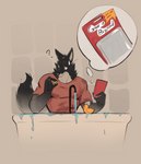 anthro bathroom bathtub black_body black_fur clothing fur male muscular muscular_anthro muscular_male overflow question_mark red_clothing red_shirt red_topwear rubber_duck shirt solo topwear water watet white_body white_fur wolfanine canid canine canis mammal hi_res