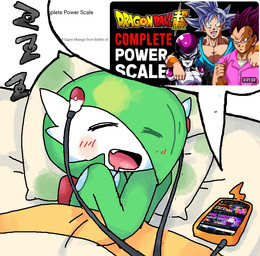 bed blush earbuds electronics eyes_closed furniture hair hair_over_eye headphones humor lying lying_on_bed on_bed open_mouth sleeping snaggle_tooth solo sound_effects vowelless vowelless_sound_effect zzz melfunnysmell dragon_ball nintendo pokemon frieza gaba_(melfunnysmell) goku vegeta gardevoir generation_3_pokemon humanoid pokemon_(species)