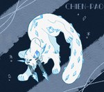 abstract_background ambiguous_gender blue_background blue_sclera blue_spots claws crystal fangs feral fur markings quadruped simple_background solo spots spotted_body spotted_fur teeth text toe_claws whiskers white_body white_fur cirno303 nintendo pokemon chien-pao felid generation_9_pokemon legendary_pokemon mammal pantherine pokemon_(species) 2022 english_text species_name