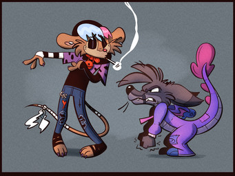 angry bullying cigarette cigarette_in_mouth clothing duo grumpy kigurumi mocking object_in_mouth onesie smoking trevor-fox trevor-fox_(character) canid canine fennec_fox fox mammal mouse murid murine rodent true_fox 4:3