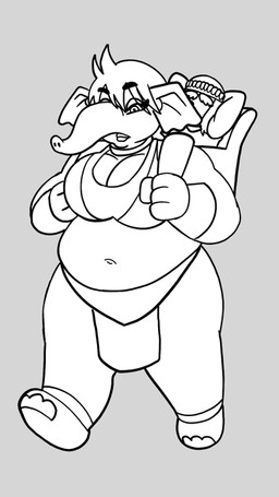 anthro big_breasts bottomwear bra breasts carrying_another clothing duo female fur grey_background hair hands_behind_head hands_behind_own_head loincloth male proboscis_(anatomy) seat simple_background sitting sitting_on_seat size_difference trunk_(anatomy) underwear charliepops canid canine canis domestic_dog elephant elephantid mammal proboscidean 2026 2d_animation 9:16 animated digital_media_(artwork) loop monochrome portrait three-quarter_portrait