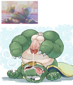 4_fingers anthro anus balls belly big_butt bodily_fluids bubble butt cape claws clothing cum cum_drip cum_dripping_from_penis cum_in_mouth cum_in_own_mouth cum_in_self cum_inside cum_on_face cum_on_tongue defeated dripping fingers genital_fluids genitals humanoid_genitalia humanoid_penis jewelry male necklace overweight overweight_anthro overweight_male penis puffy_anus screenshot_redraw solo tongue upside_down 10_cosmo_24 mario_bros nintendo the_super_mario_galaxy_movie wart_(mario) amphibian frog 2026 digital_drawing_(artwork) digital_media_(artwork) hi_res reference_image signature