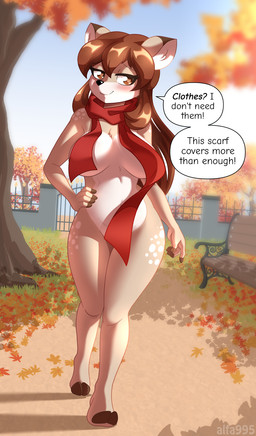 5_fingers anthro bench black_nose blush breasts brown_eyes brown_hair casual_exposure cloven_hooves convenient_censorship dialogue dipstick_ears ear_markings exposure_variation female fingerless_(marking) fingers grass hair half-closed_eyes hand_on_hip heart_eyes heart_symbol hooved_plantigrade hooved_toes hooves leaf long_hair looking_at_viewer markings mostly_nude multicolored_ears narrowed_eyes outside park plant plantigrade public public_exposure scarf scarf_only smile solo speech_bubble strategically_covered talking_to_viewer teasing text thick_thighs tree wide_hips alfa995 doe_(alfa995) deer mammal 2020 digital_media_(artwork) english_text hi_res