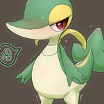 anthro biped blush brown_background female green_body red_eyes simple_background solo speech_bubble tailbutt yellow_body ehada nintendo pokemon generation_5_pokemon pokemon_(species) snivy 1:1