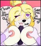 2018 animal_crossing anthro blonde_hair blush bodily_fluids breast_play breasts canid canine canis cum cum_in_mouth cum_inside cum_on_face cum_on_tongue digital_media_(artwork) domestic_dog duo female fur genital_fluids genitals hair heart_eyes heart_symbol hi_res isabelle_(animal_crossing) lying male male/female mammal nintendo nipples not_safe_for_reality nude on_back open_mouth oral penis sex shih_tzu smile text titfuck tongue toy_dog yellow_body yellow_fur