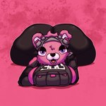 anthro big_butt bulletproof_vest butt female fur huge_butt looking_at_viewer lying night_vision_goggles on_front open_mouth pink_body pink_fur purple_eyes scar solo tactical_gear sludgecentric epic_games fortnite cuddle_team_specialist bear mammal absurd_res hi_res