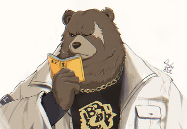 anthro book brown_body brown_fur clothing facial_scar fur jacket jewelry male missing_eye necklace reading scar solo topwear white_clothing white_jacket white_topwear 11768hoshi mihoyo zenless_zone_zero ben_bigger bear mammal