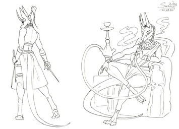 anthro clothing duo equis_universe female footwear hookah lasfareans male paws race shoes smoke smoking tail weapon sunny_way ki'rinaes concept_art traditional_media_(artwork)