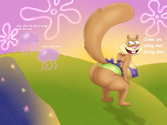anthro big_breasts big_butt breasts brown_body brown_fur butt clothing female flower_cloud_(spongebob) fur grass green_grass hill huge_breasts huge_butt jellyfish_fields nipple_outline open_mouth outside plant presenting presenting_hindquarters rock smile sunset swimwear tail text thick_thighs wide_hips lurking_tyger nickelodeon spongebob_squarepants sandy_cheeks aquatic cnidarian eastern_grey_squirrel grey_squirrel jellyfish jellyfish_(spongebob) mammal medusozoan rodent sciurid tree_squirrel 4:3 english_text hi_res