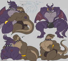 anthro areola barazoku biceps big_bulge big_muscles big_pecs black_body black_choker black_clothing black_jewelry black_necklace black_sclera black_thong black_underwear bracelet brown_body bulge choker claws clothed clothing crouching dark_sclera duo electricity electricity_manipulation elemental_manipulation fangs gold_(metal) gold_bracelet gold_jewelry golden_claws grey_body hand_on_back hand_on_shoulder hands_behind_head holding_partner horn huge_bulge huge_pecs jewelry looking_at_another looking_at_partner looking_at_viewer lying male male/male multicolored_body multiple_positions muscular muscular_anthro muscular_male musical_note musical_symbol necklace nipples no_irises on_back on_top open_mouth orange_sclera pecs pupils red_sclera red_wings slit_pupils spiked_choker symbol tail tapering_tail teeth text thong thong_only toe_claws topless triceps two_tone_body underwear underwear_only wings yellow_eyes daikuhiroshiama european_mythology mario_bros mythology nintendo super_mario_odyssey ruined_dragon dinosaur dragon mythological_creature mythological_scalie prehistoric_species reptile saurischian scalie theropod tyrannosaurid tyrannosauroid tyrannosaurus tyrannosaurus_rex western_dragon 2026 english_text hi_res