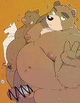 anthro balls belly big_belly black_nose bodily_fluids brown_body chode coin erection eyes_closed genitals group kemono male moobs nipples overweight overweight_male penis penis_size_difference small_penis tears text thick_penis arufina_w bear canid canine mammal suid suine sus_(pig) wild_boar 2024 censored hi_res japanese_text