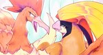 anthro beak blush bodily_fluids eyelashes feathered_crest feathers female head_crest narrowed_eyes open_mouth sweat sweatdrop wings 025aki nintendo pokemon fearow generation_1_pokemon pidgeot pokemon_(species) absurd_res hi_res